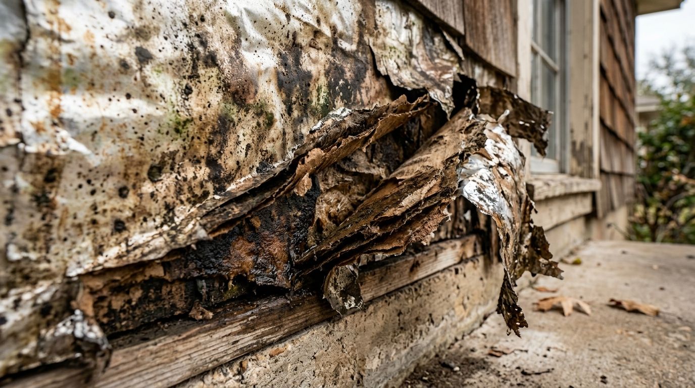 Close-up detail showing soggy, deteriorating foil-faced cardboard sheathing with moisture damage