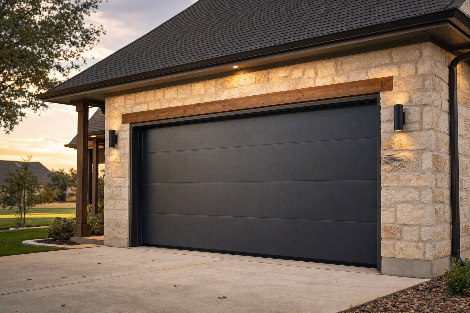 New insulated garage door installed on a Texas suburban home improving curb appeal.