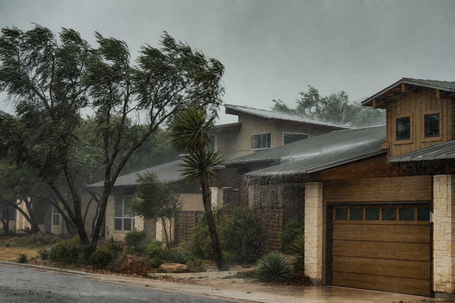 Austin neighborhood roofs during a severe thunderstorm with wind-driven rain blowing sideways