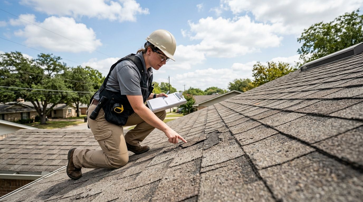 Professional roofing contractor inspecting an Austin home's roof for storm damage with a clipboard