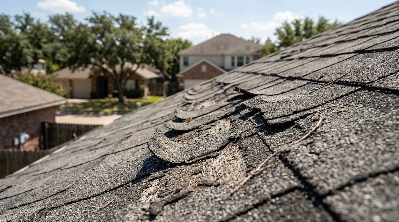 Close-up of a weathered, 15-year-old asphalt roof showing curling edges and granule loss