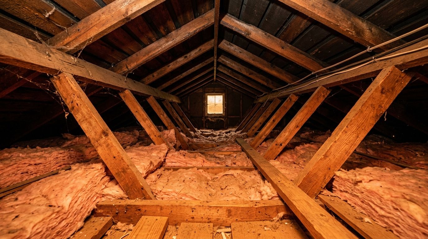 Interior of an unventilated home attic showing exposed wooden rafters and insulation in extreme heat