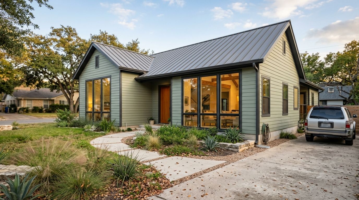 Beautifully renovated home exterior with fresh fiber cement siding and modern dark-framed windows.