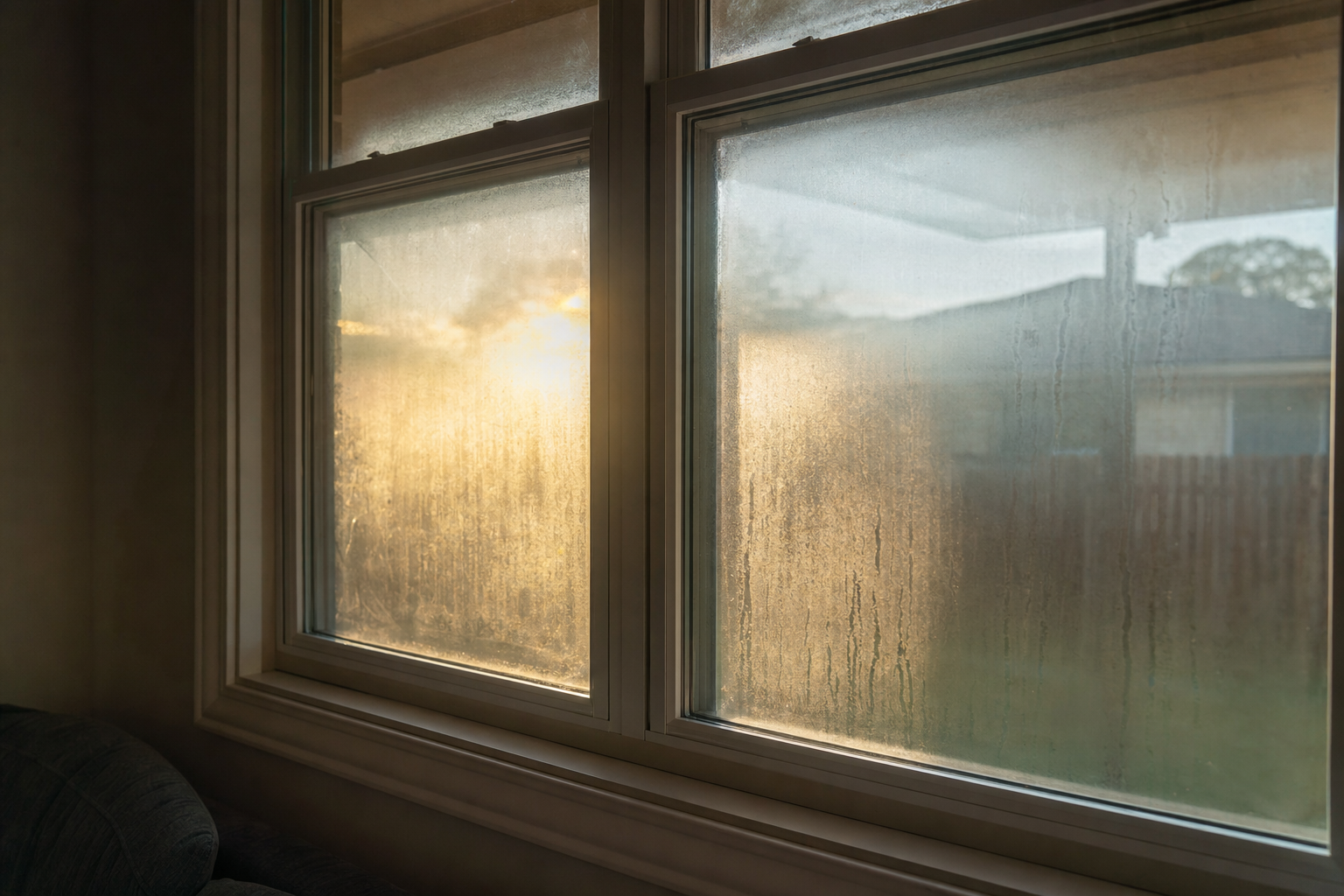 Foggy double-pane window with condensation trapped between the panes, showing a failed seal.