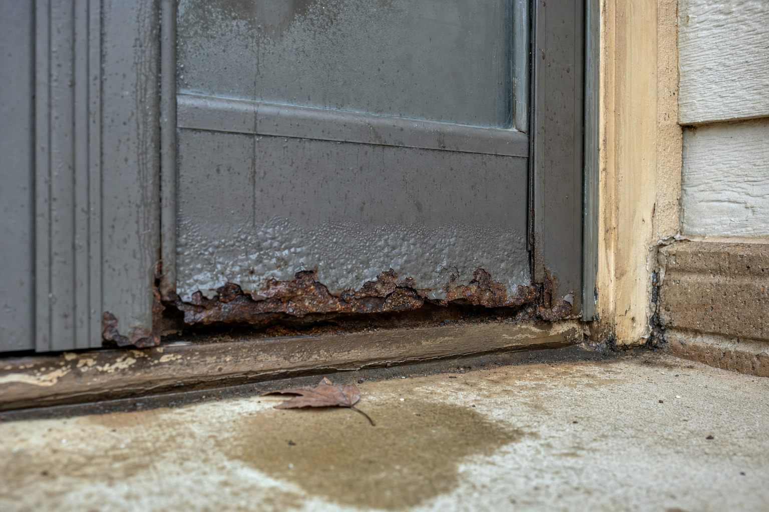 Corroded bottom edge of a steel exterior door showing rust and water damage at the threshold