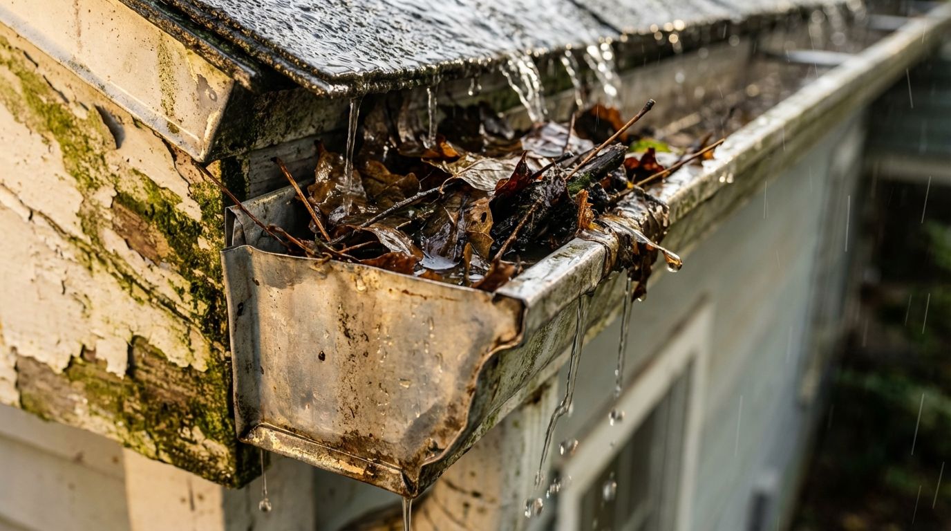 Overflowing clogged rain gutter filled with wet debris during a heavy rainstorm