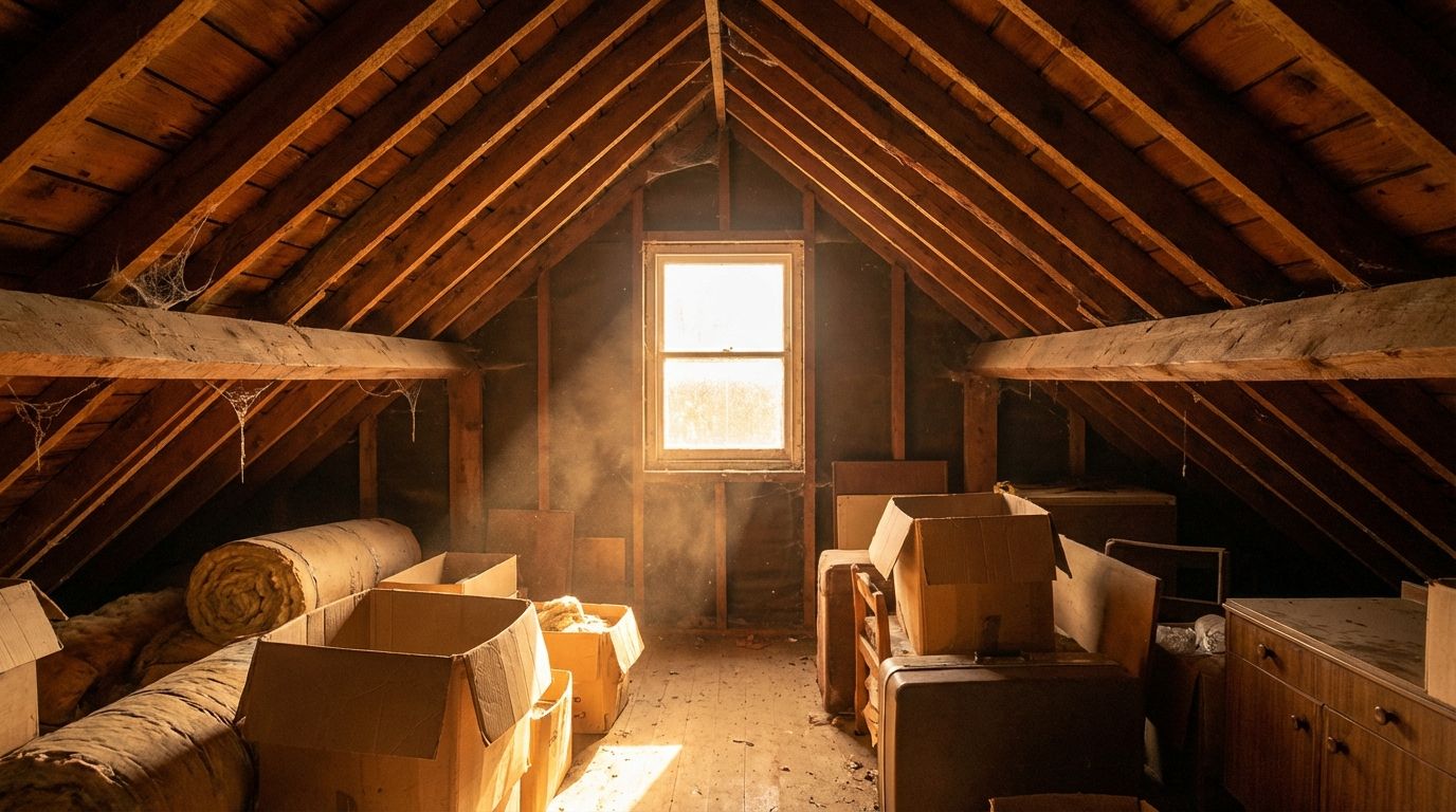 Interior of a hot, poorly ventilated residential attic showing exposed roof decking