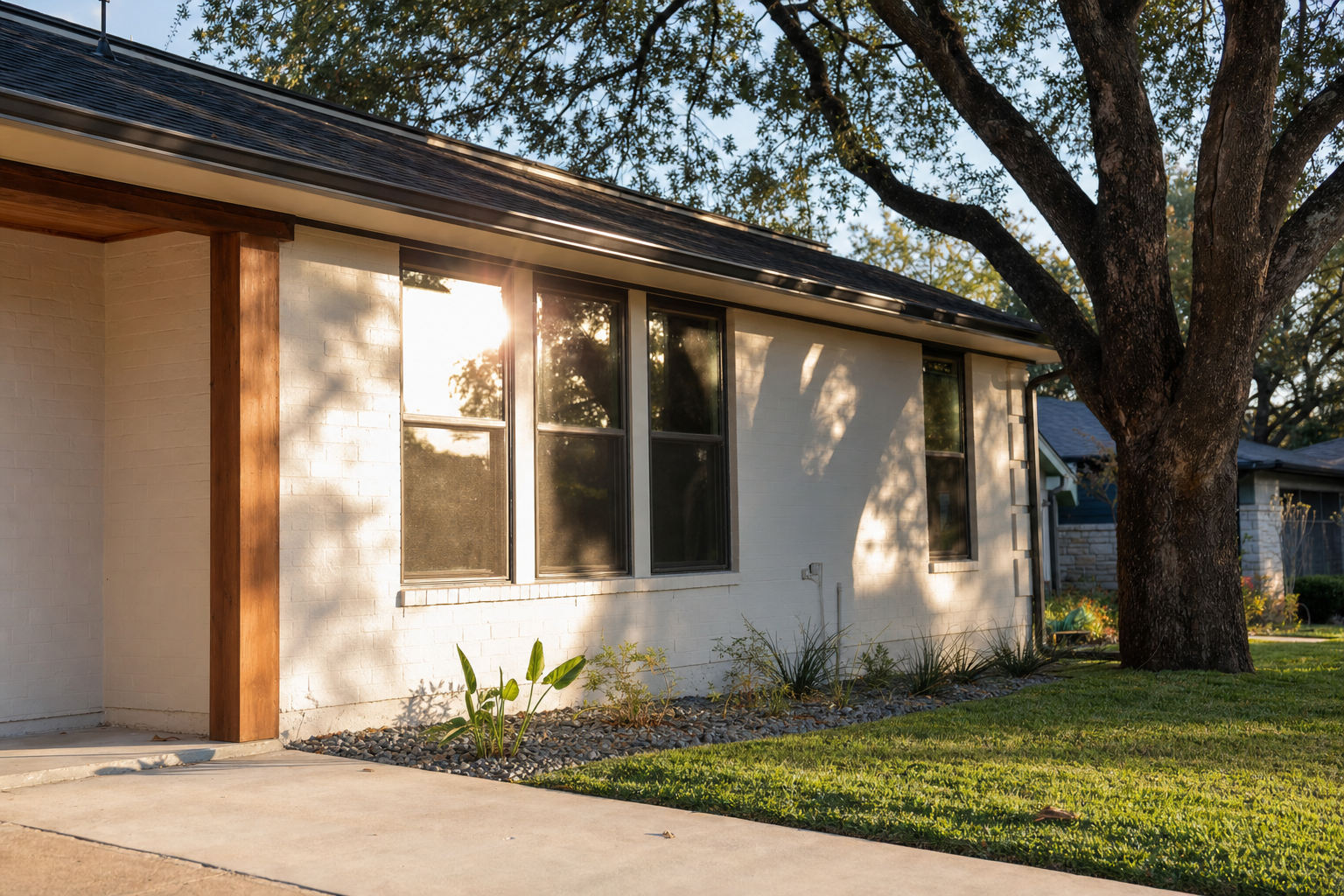 West-facing windows on an Austin home taking direct afternoon sun