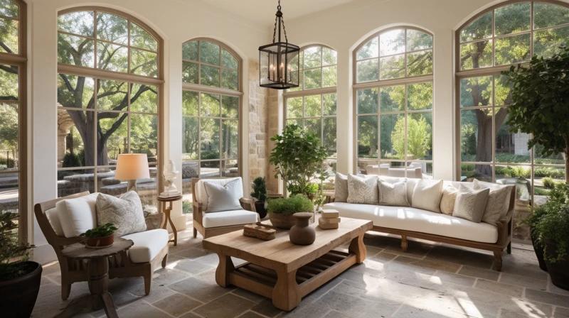 A bright and airy sunroom with large windows, featuring a comfortable white sofa, a wooden coffee table, various indoor plants, and a decorative lamp