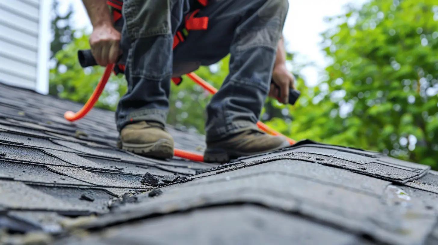 A person working on a roof, using tools and standing on shingles