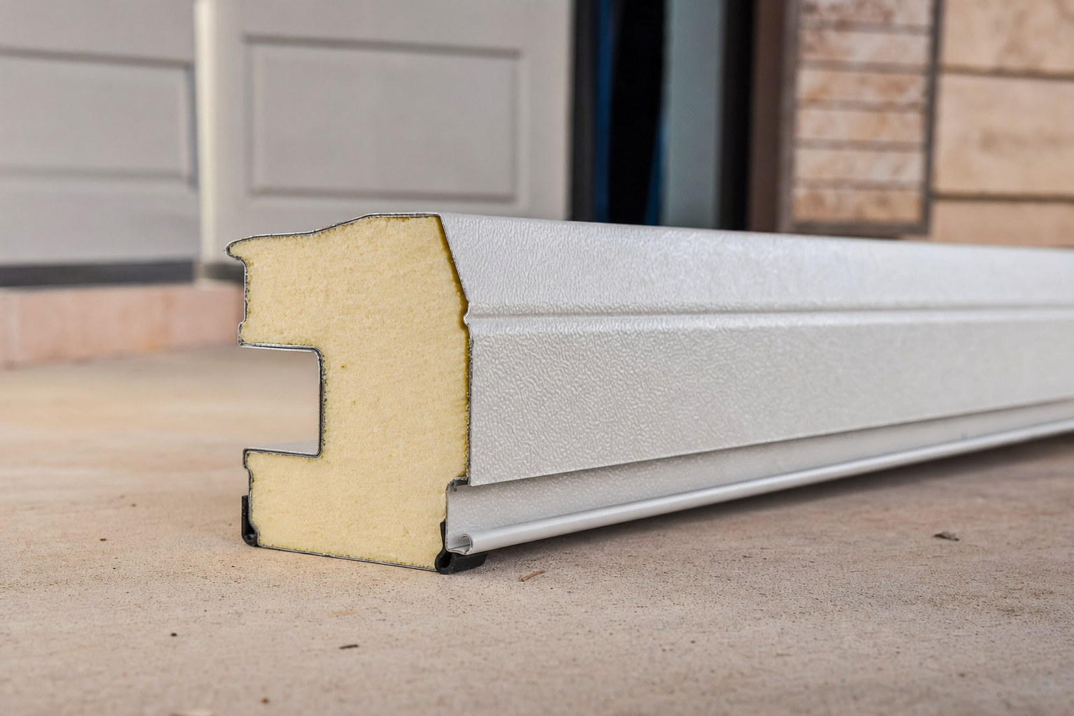 Cross-section of a polyurethane-insulated steel garage door panel showing foam insulation core