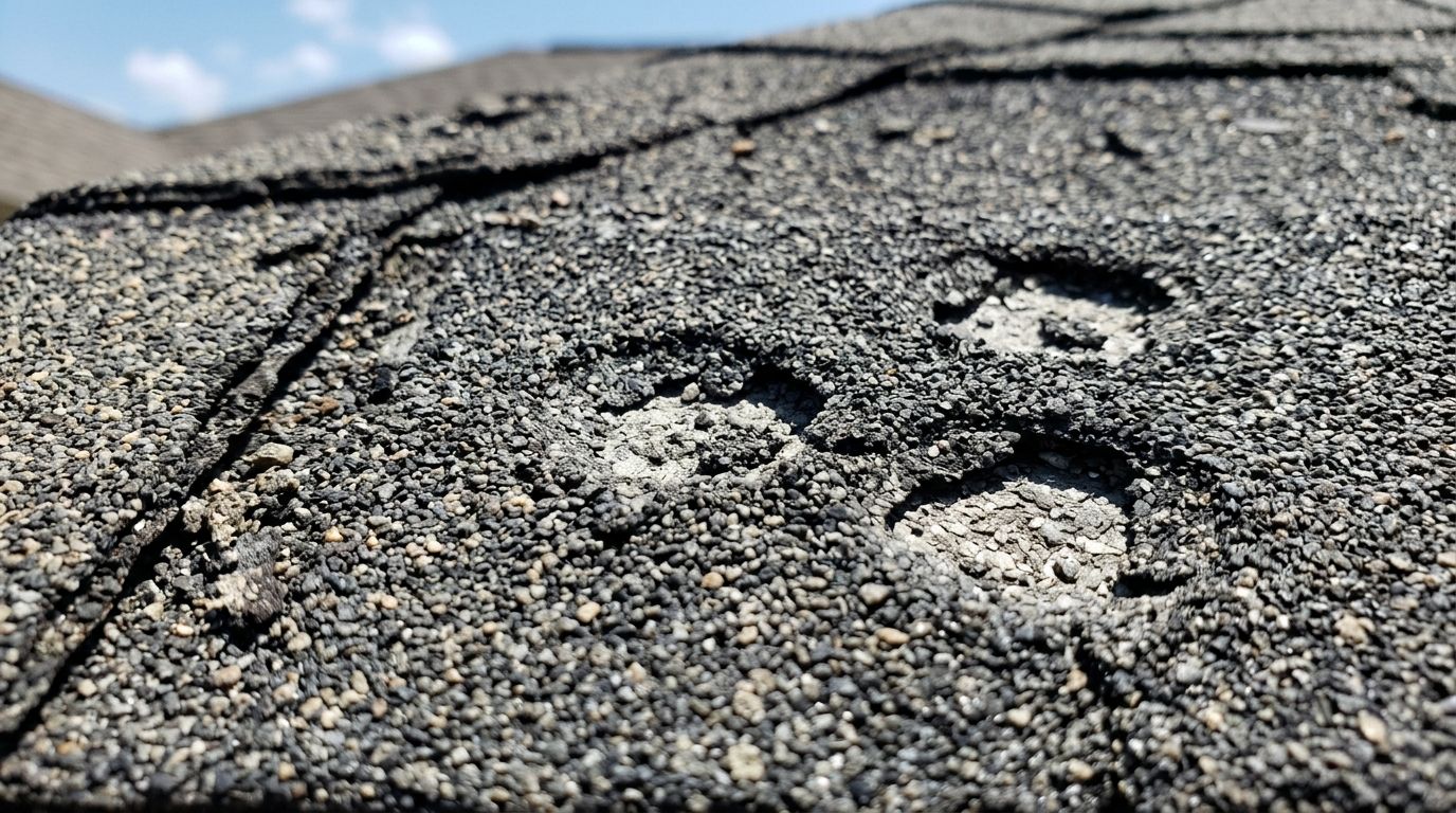 Close-up detail of severe hail impact dents and missing granules on an asphalt roof shingle