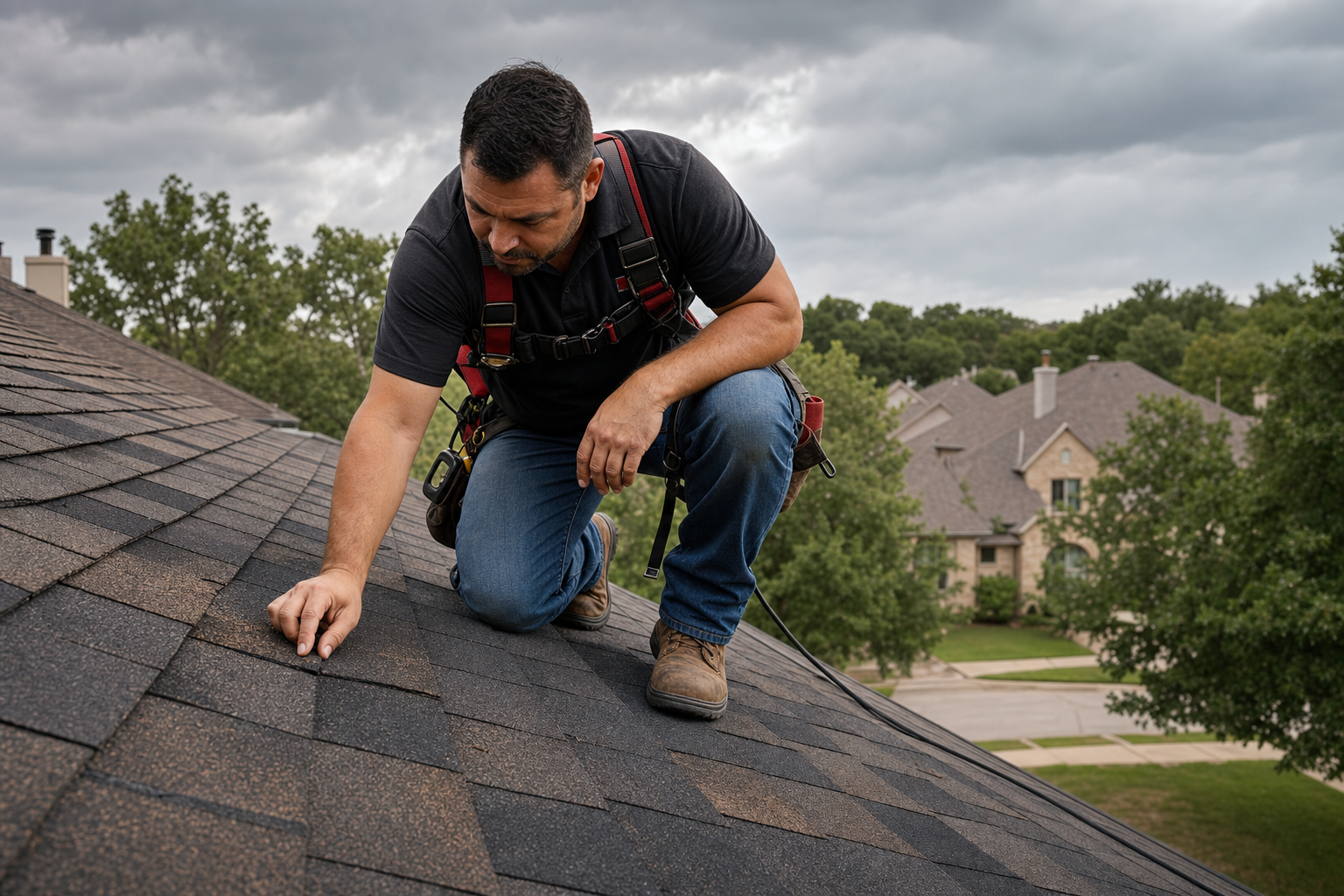 Roofing contractor inspecting shingle seams for leaks on a residential roof in Austin, Texas
