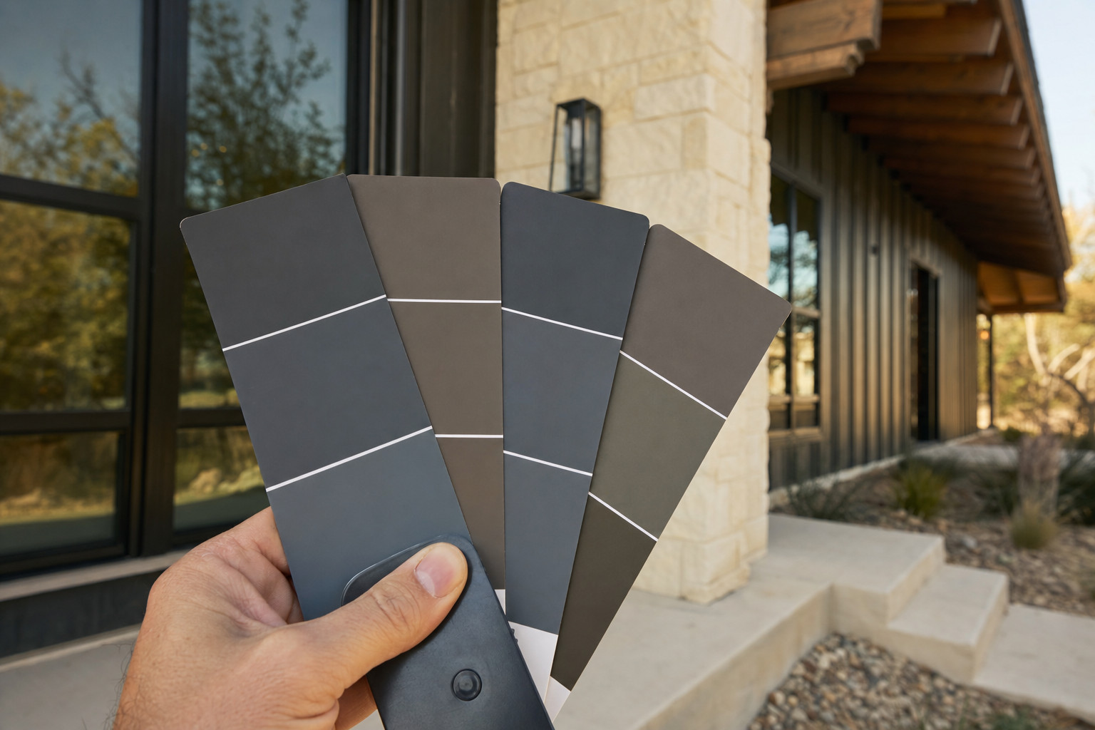 Dark exterior paint color swatches on a fan deck showing deep charcoal and bronze tones