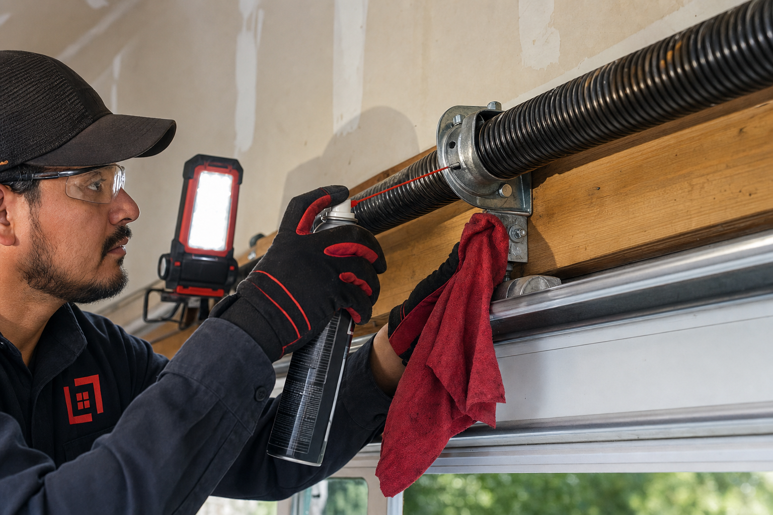 Technician lubricating a garage door torsion spring and hardware during maintenance