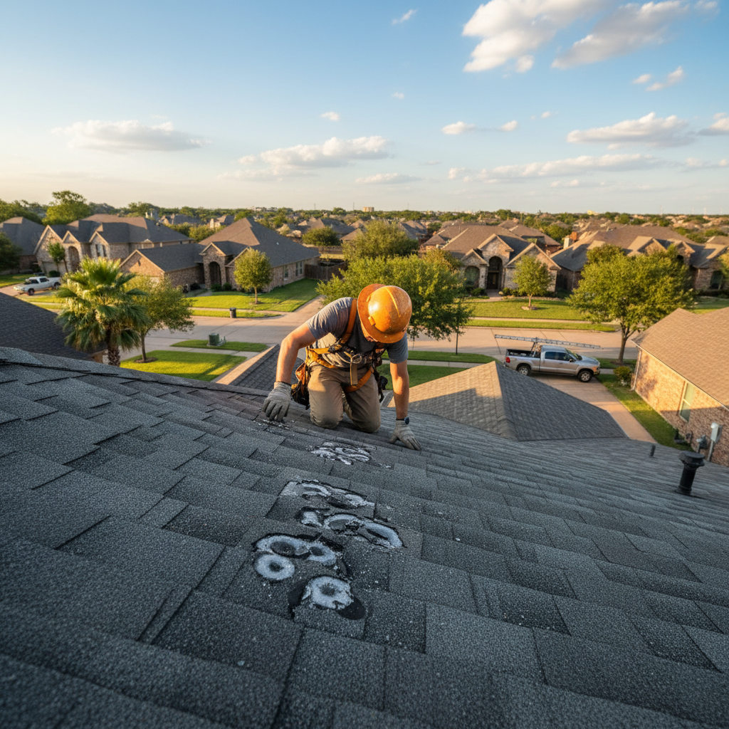 Close up view of a roof inspector examining asphalt shingles for hail damage on a residential roof