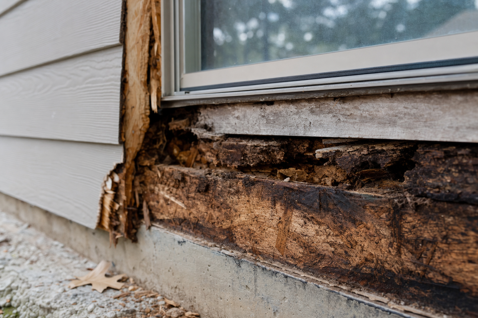 Rotted sheathing and OSB exposed beneath old siding at a window sill