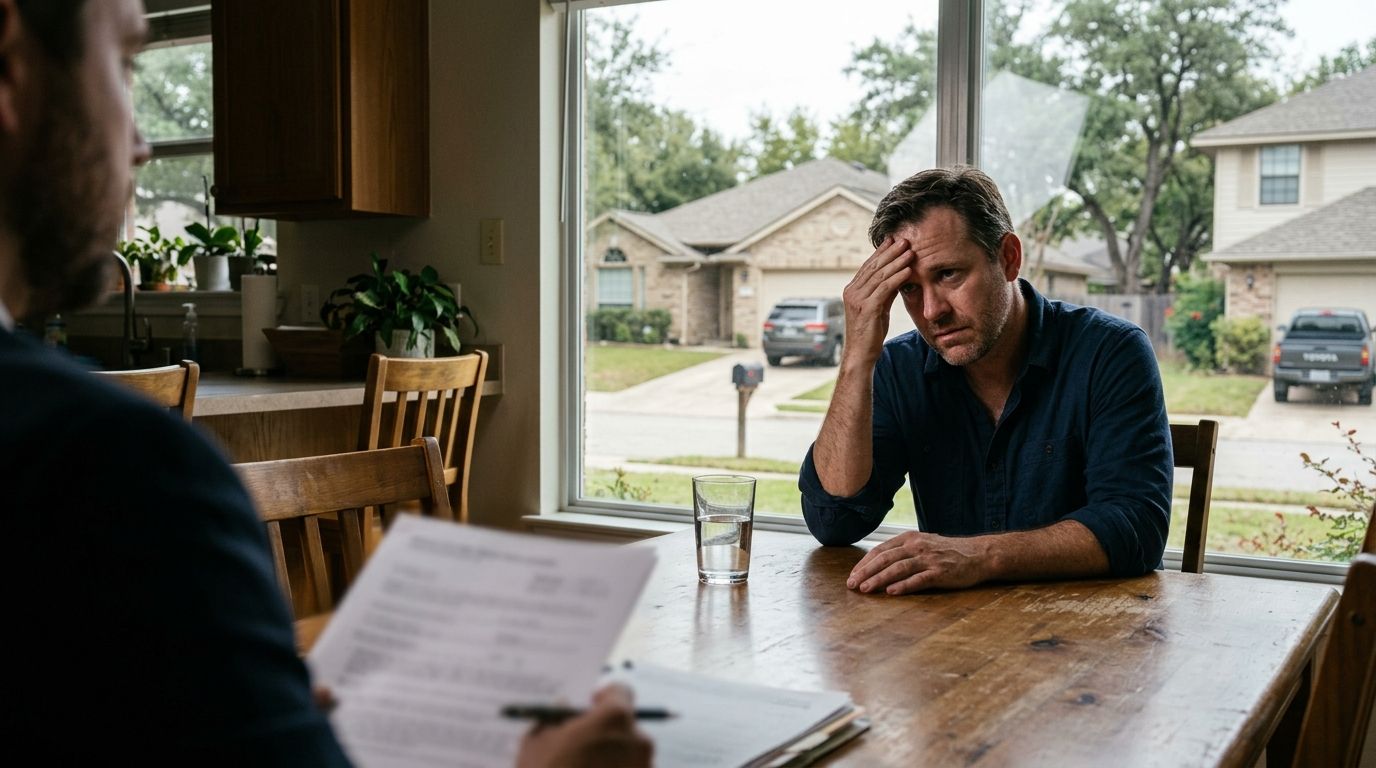 Close up of a window replacement contract being pointed at by a salesman with a stressed homeowner in the background