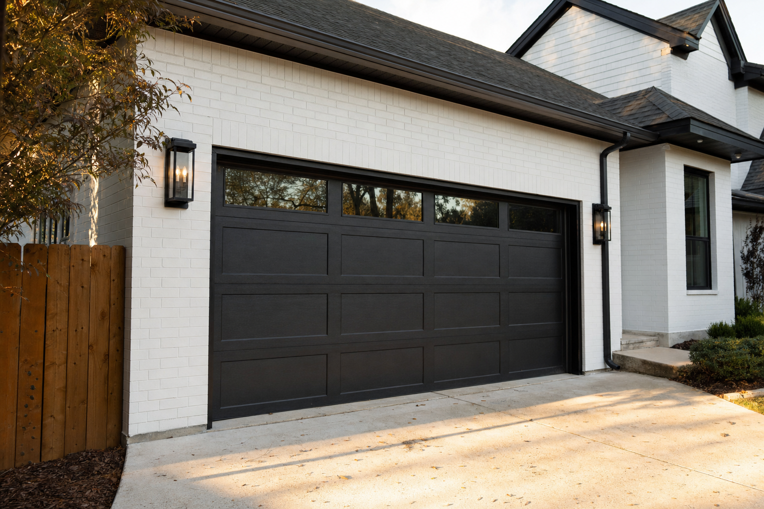 Matte black garage door on a white brick home exterior