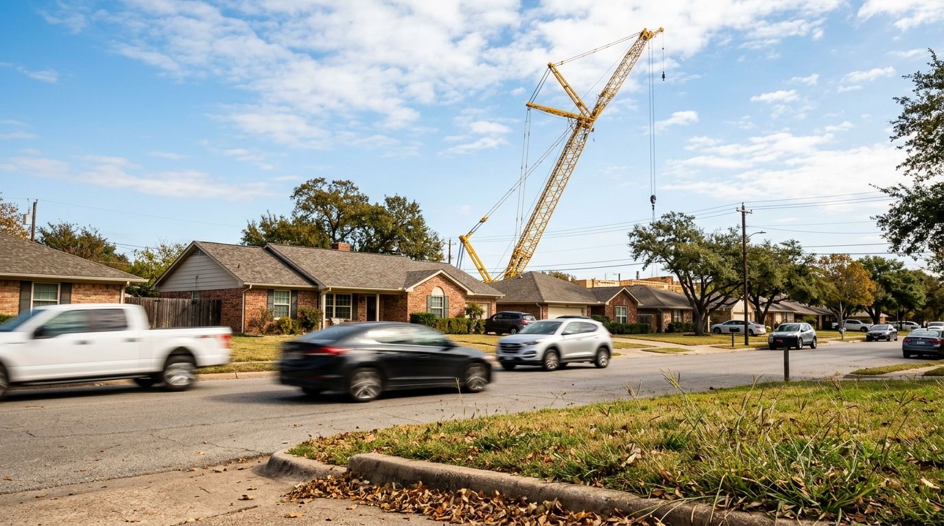 Blurred traffic and a construction crane looming over a residential neighborhood showing Austin noise pollution