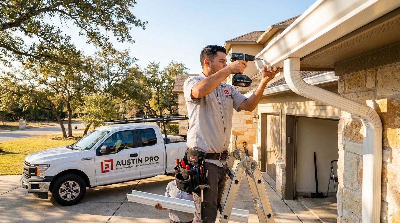 Professional contractor installing a new seamless aluminum gutter on a residential home exterior