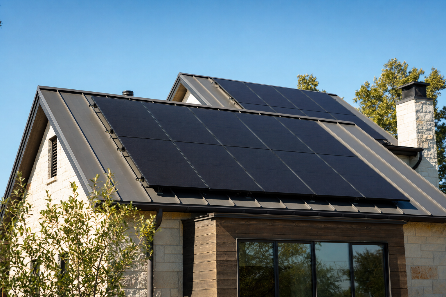 Standing seam metal roof with solar panels properly mounted on a sunny residential home