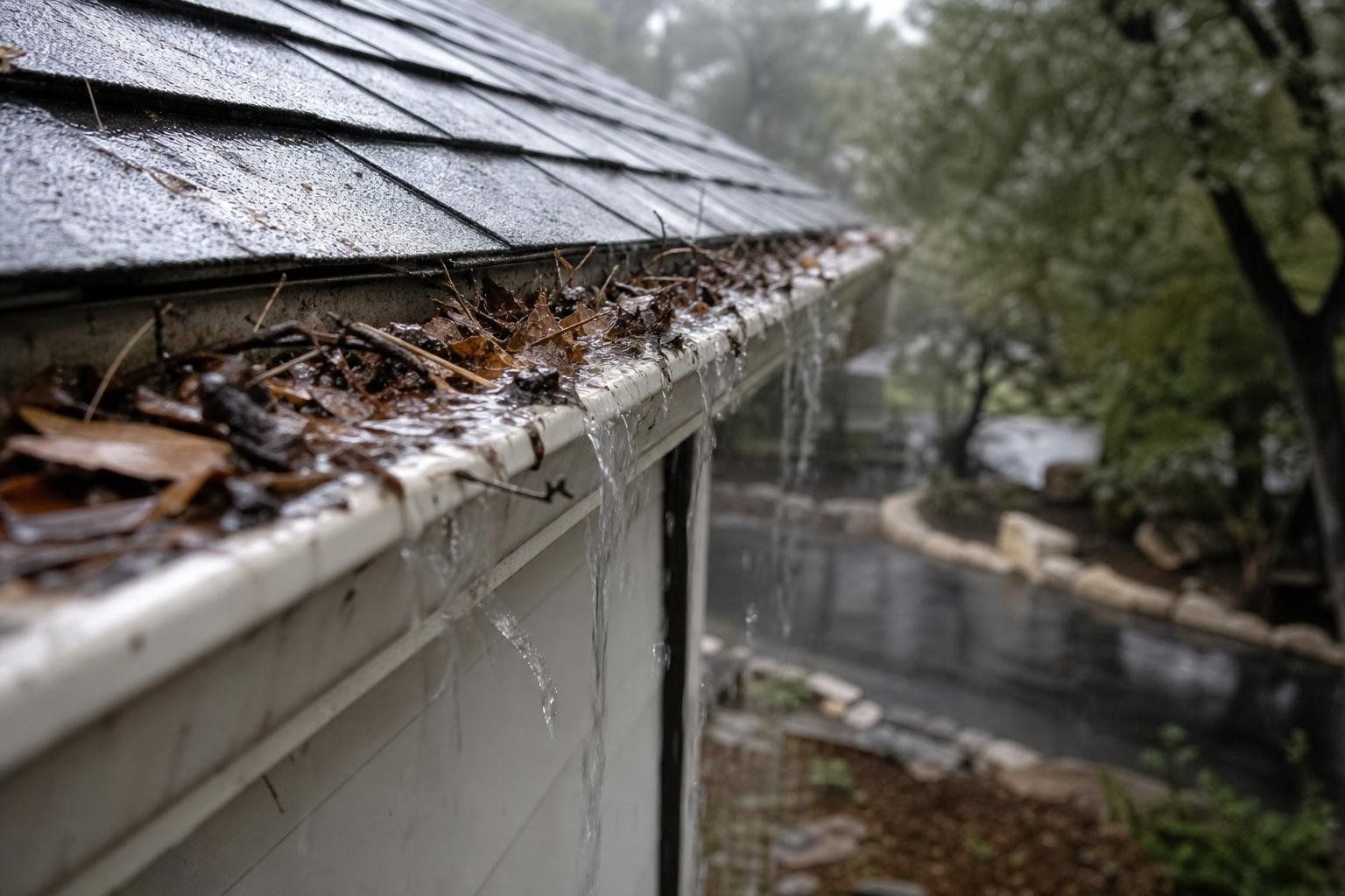 A leaf-clogged gutter overflowing in heavy rain and running water down the fascia.