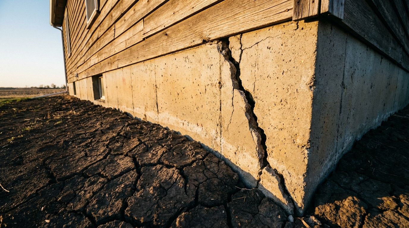Deep jagged structural crack in a home's concrete foundation caused by shifting clay soil