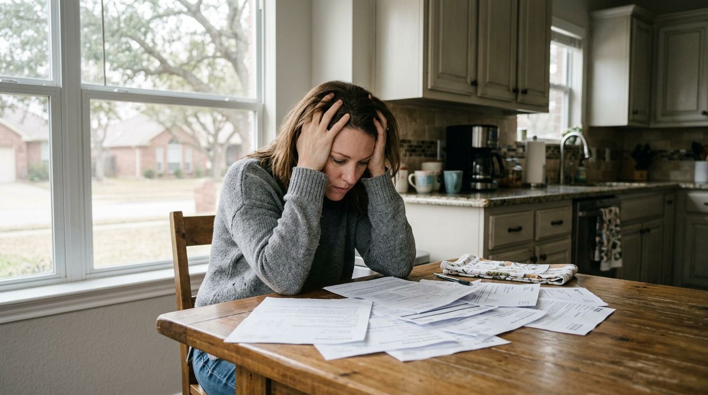 Frustrated homeowner reviewing home insurance claim denial paperwork at a kitchen table