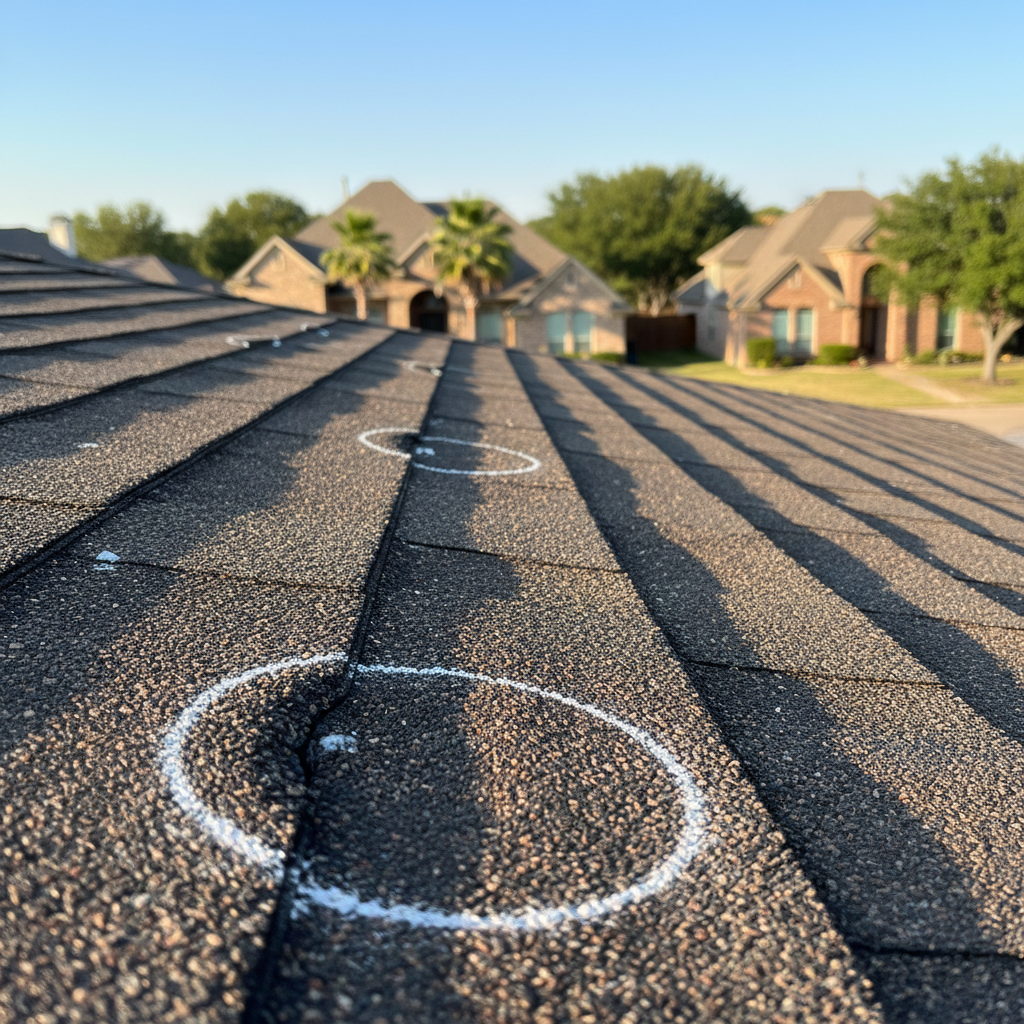 Close up of hail damage on asphalt roof shingles marked with chalk circles