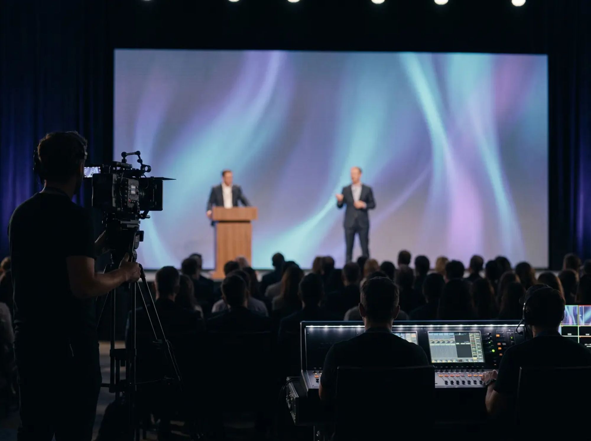 Camera operator and AV desk at a conference stage