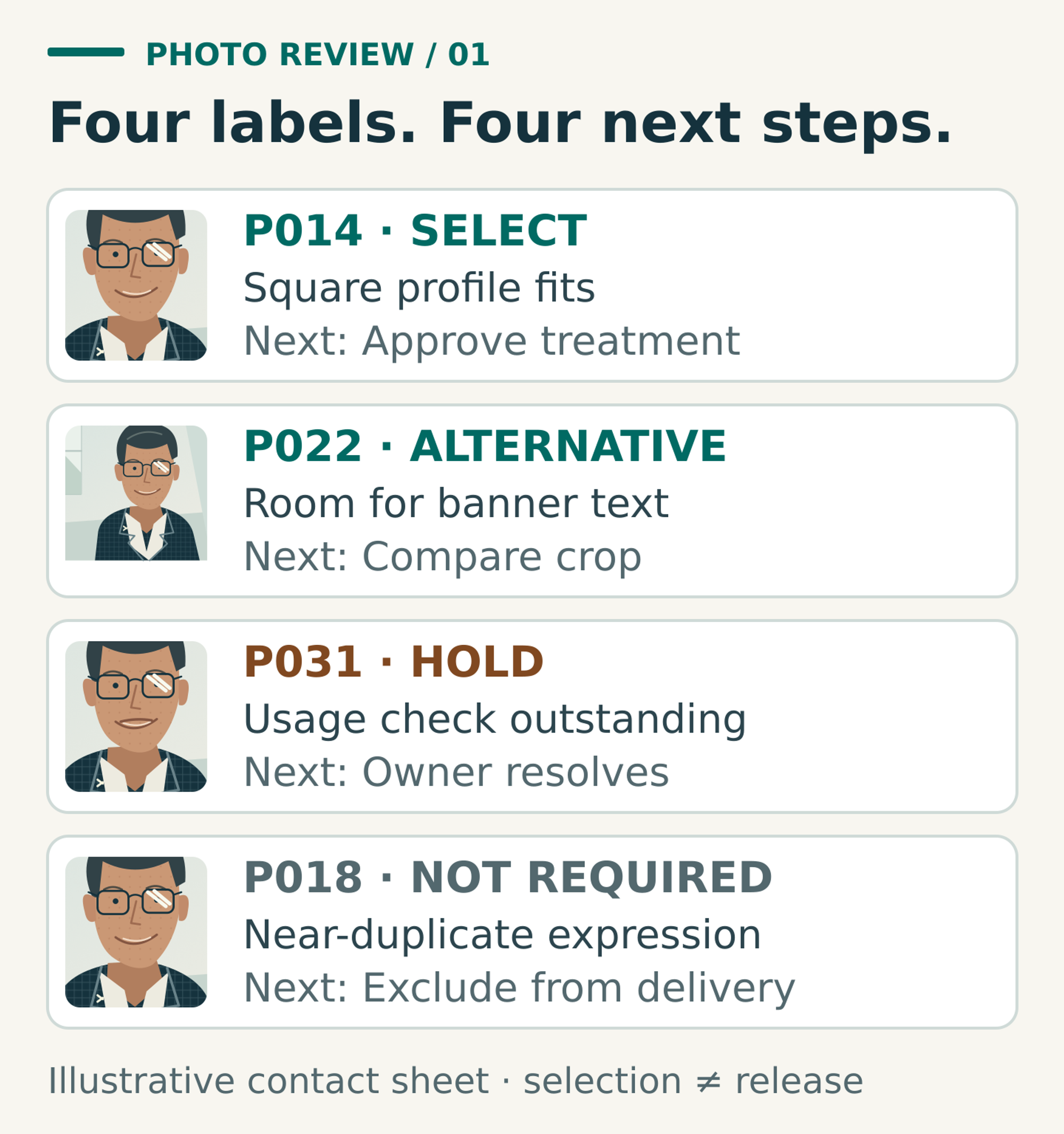 Four fictional image records show that Select proceeds to treatment, Alternative goes to crop comparison, Hold needs an owner decision and Not required stays out of delivery.