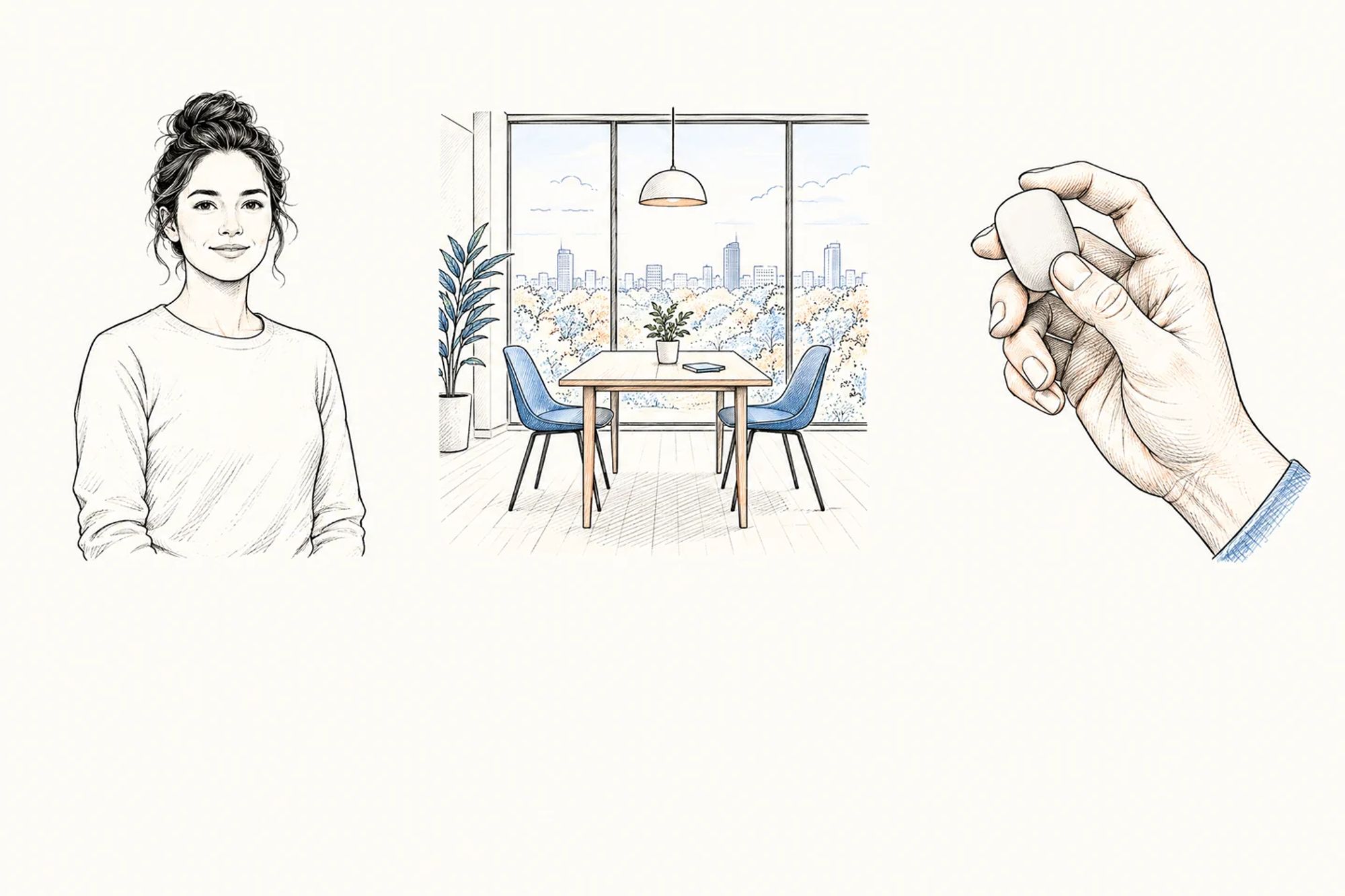 Three ink-line views showing an adult portrait, a workplace overview and a close-up detail