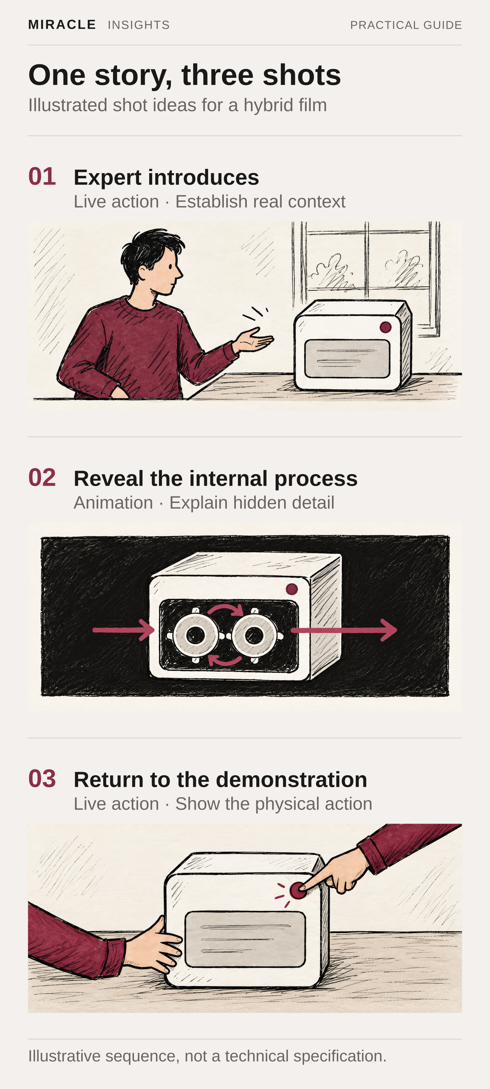 Hypothetical three-shot hybrid-film storyboard in black ink with burgundy accents. First, an expert introduces a tabletop device in live action. Second, an animated conceptual cutaway shows two internal gears and flow arrows. Third, a close-up shows a hand pressing the device button, returning to the physical demonstration.