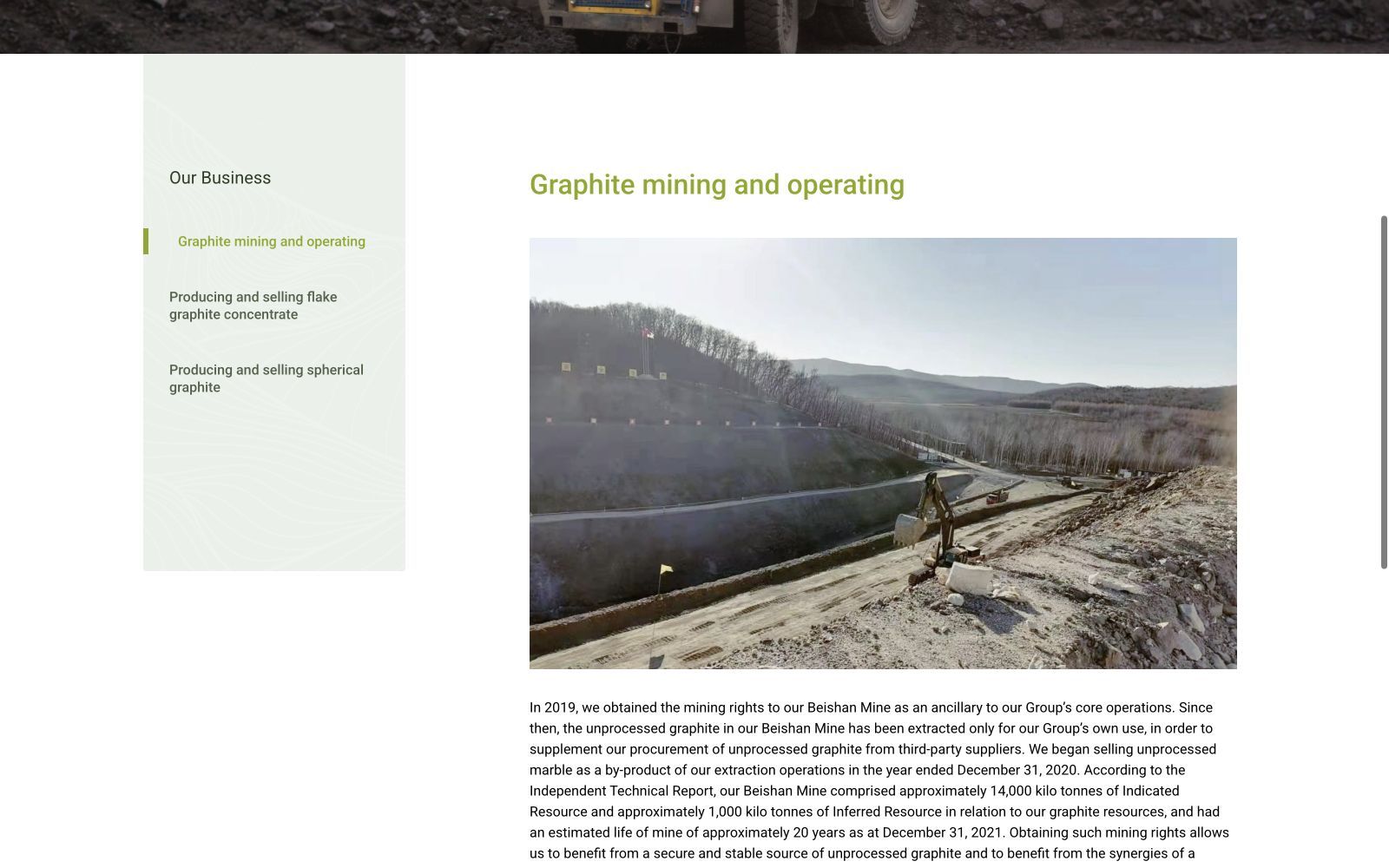 China Graphite’s official business page showing its graphite mining operations and section navigation.