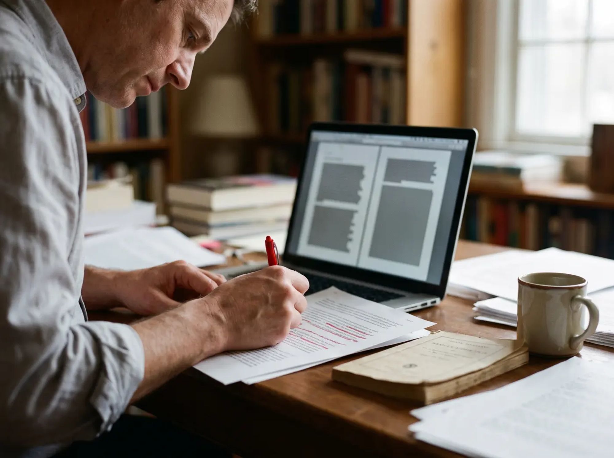 Copywriter reviewing brochure proofs beside a laptop