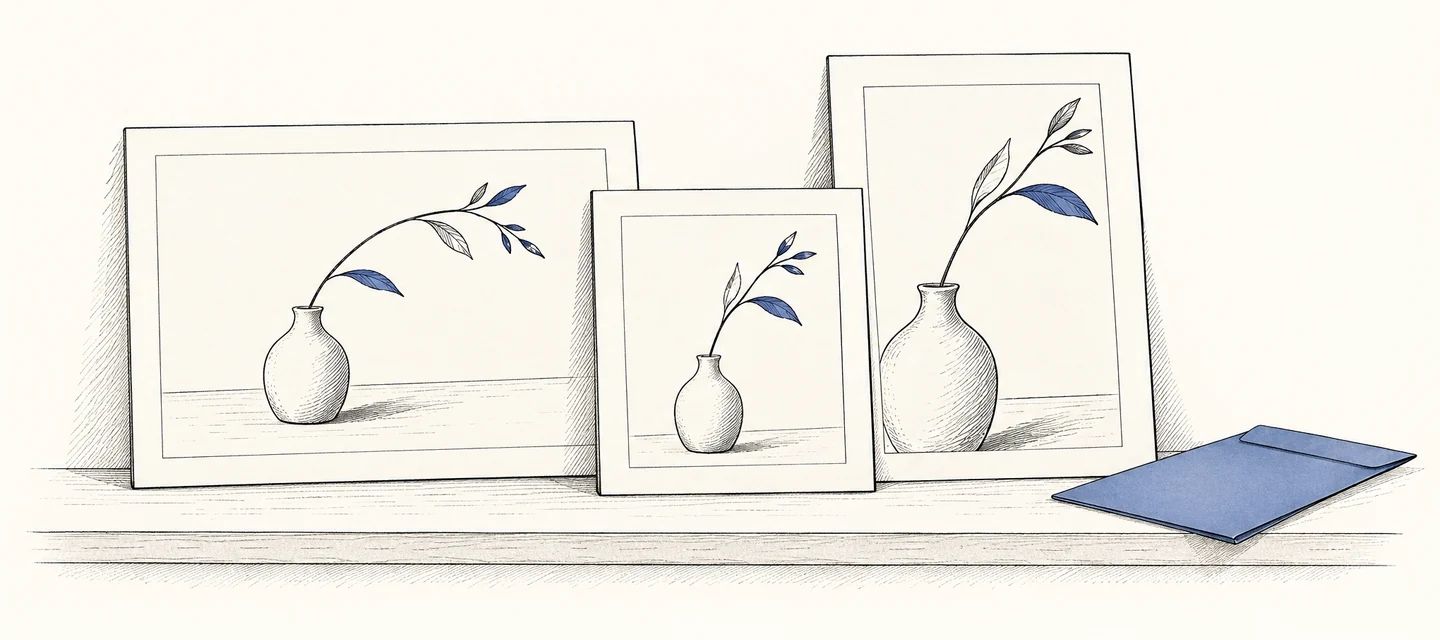 Ink drawing of landscape, square and portrait picture frames prepared as separate photo outputs.