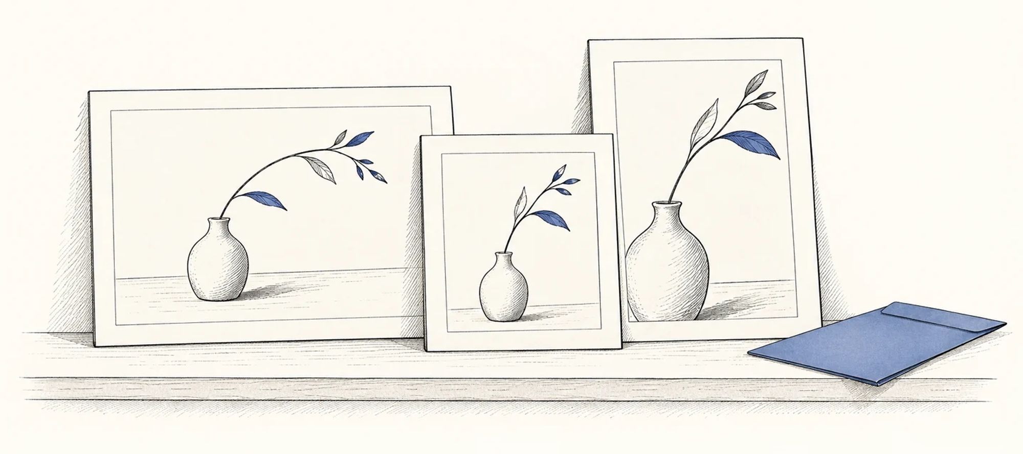 Ink drawing of landscape, square and portrait picture frames prepared as separate photo outputs.
