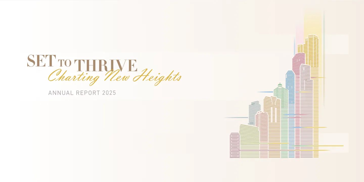 Hysan Annual Report 2025 opening screen, pairing the Set to Thrive theme with an illustrated skyline.