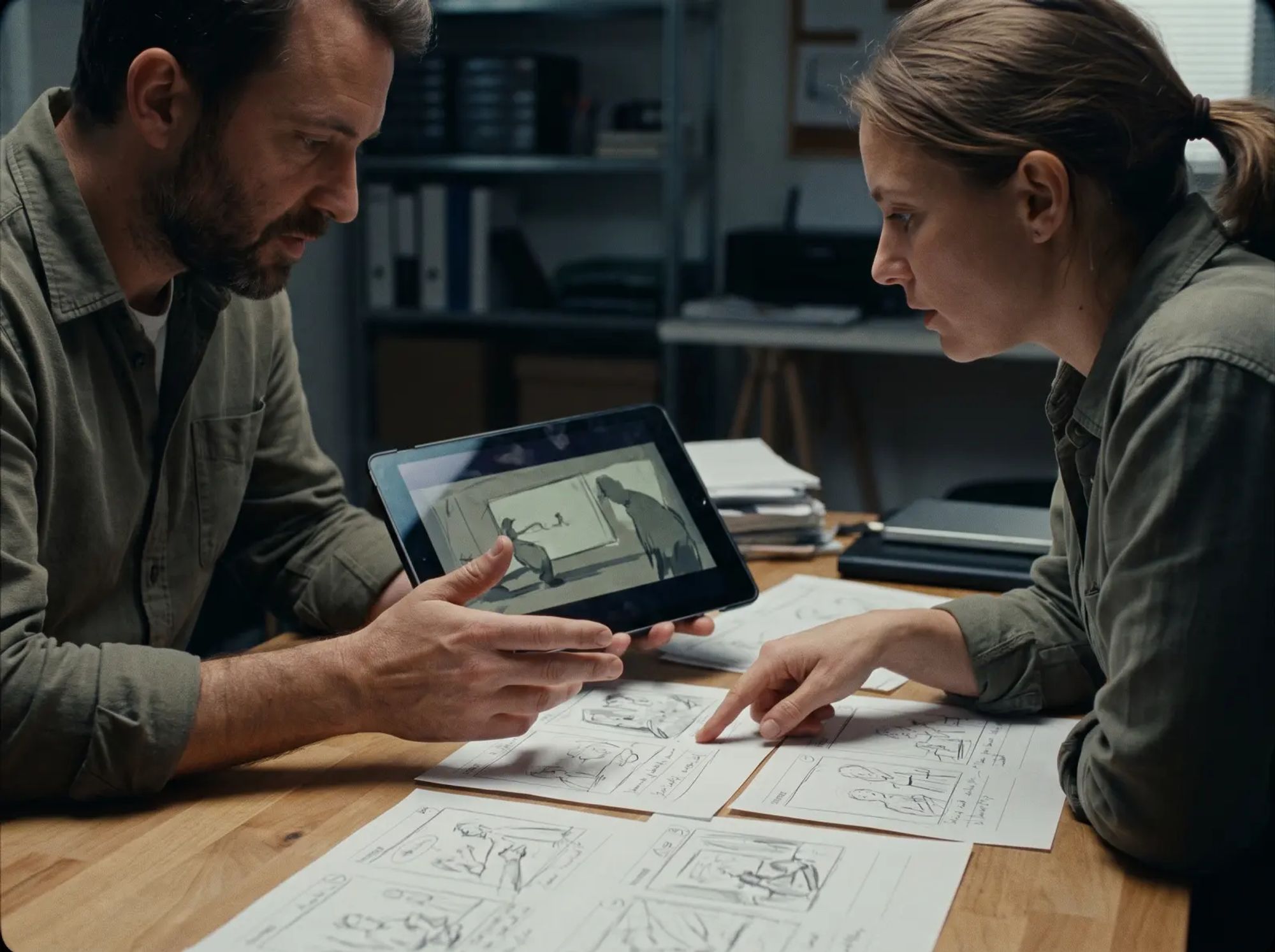 Director and producer reviewing an animated previs on a tablet beside storyboards