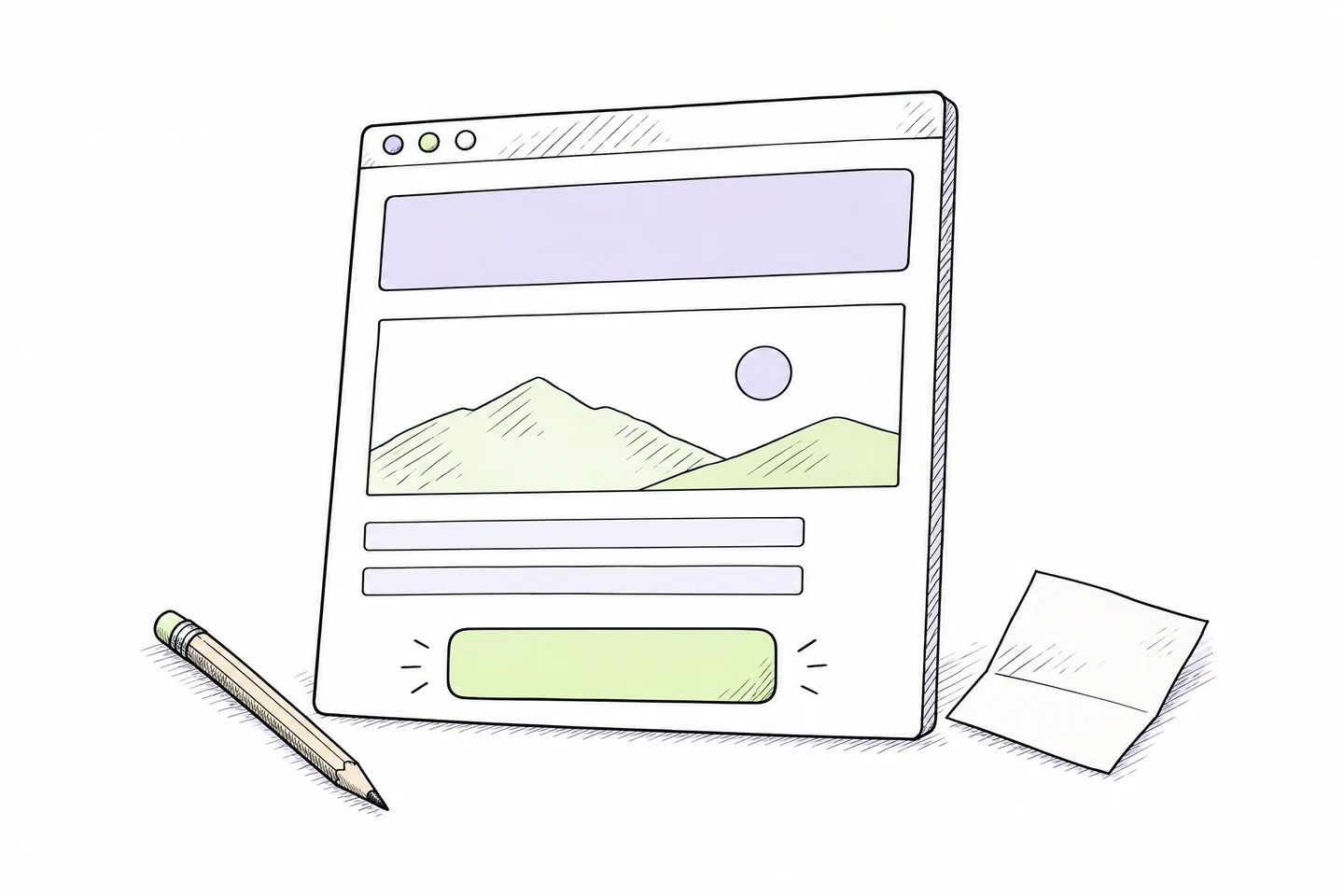 Ink drawing of a simple landing-page layout with a message area, supporting image and one clear action.