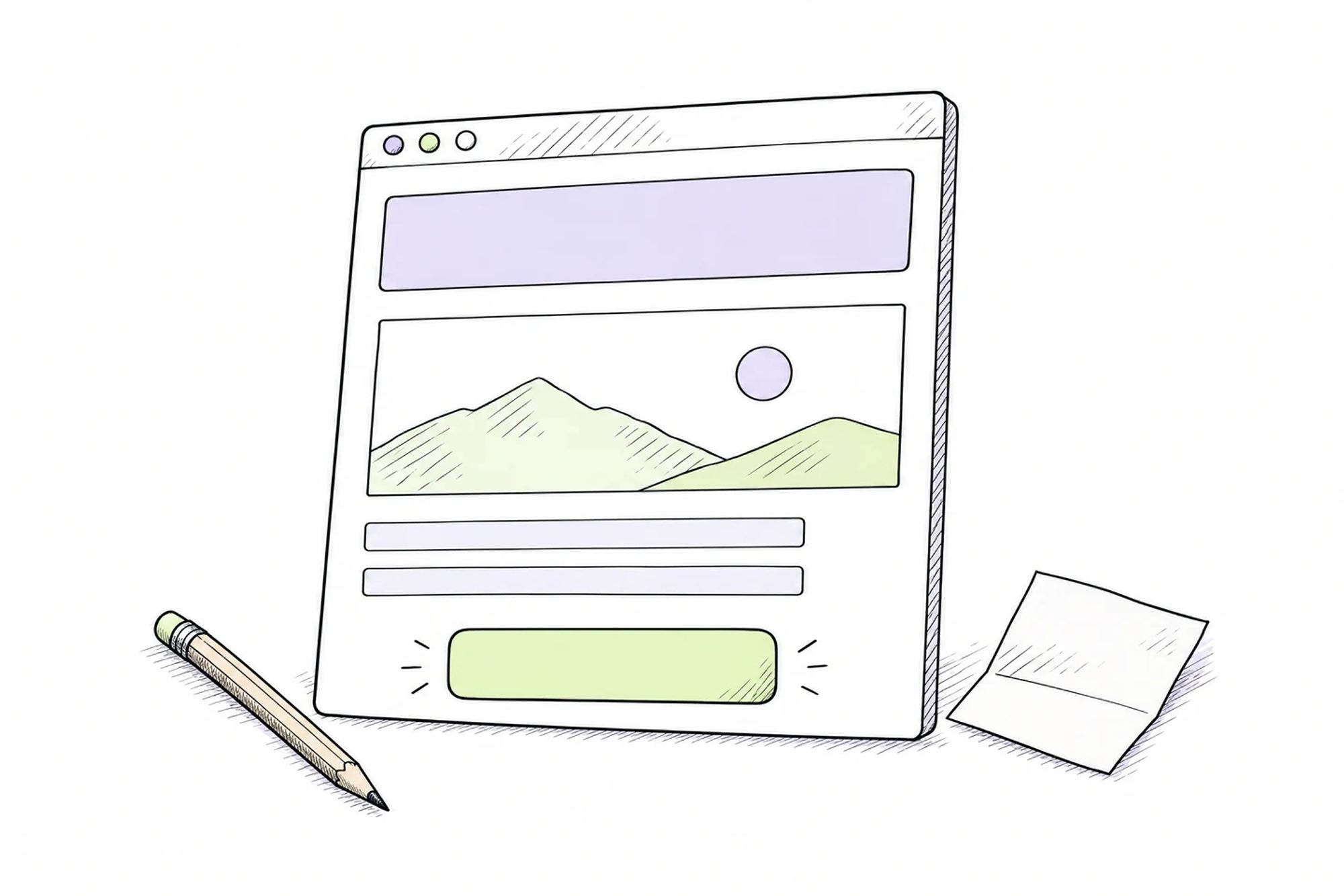 Ink drawing of a simple landing-page layout with a message area, supporting image and one clear action.