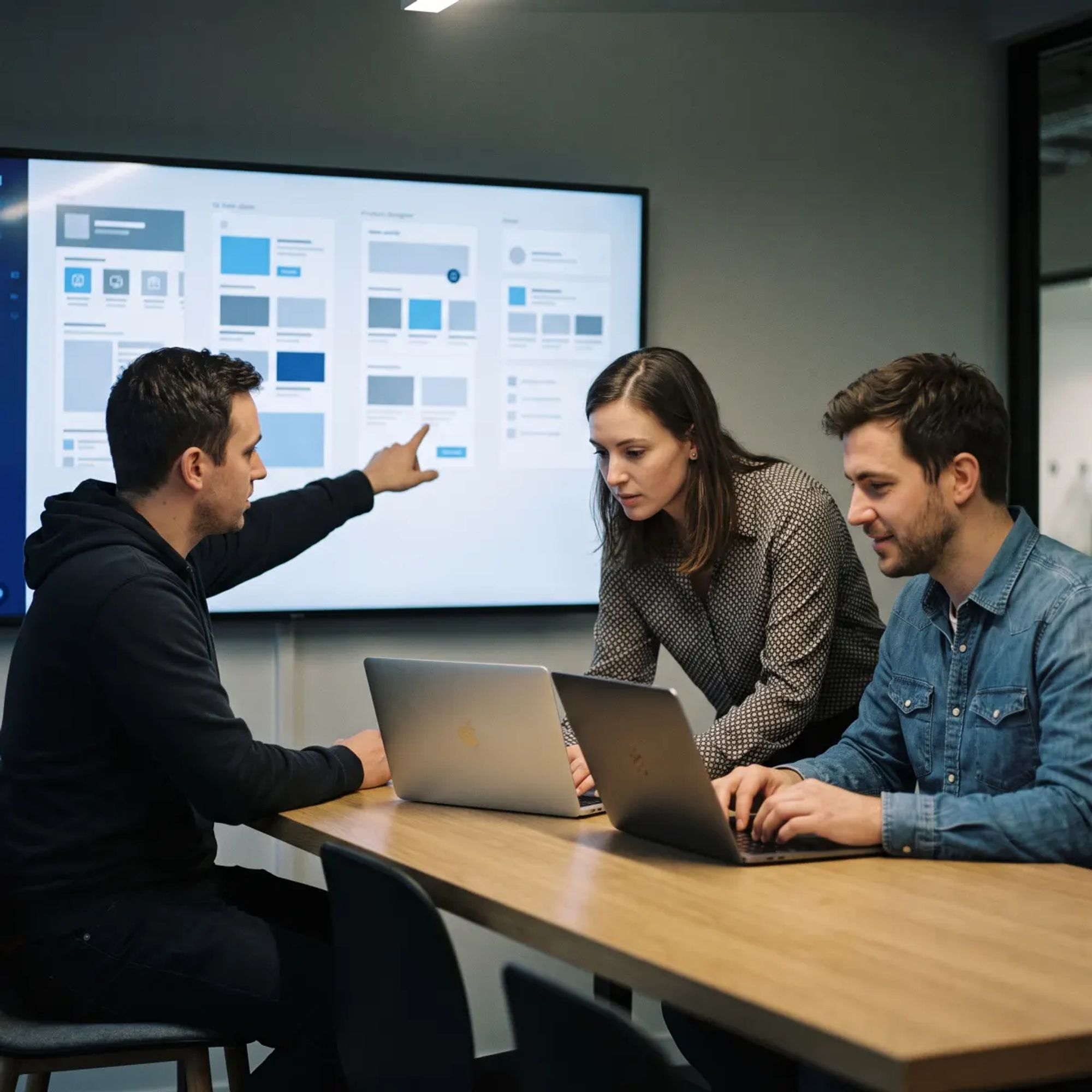 Developers reviewing app screens on a wall display