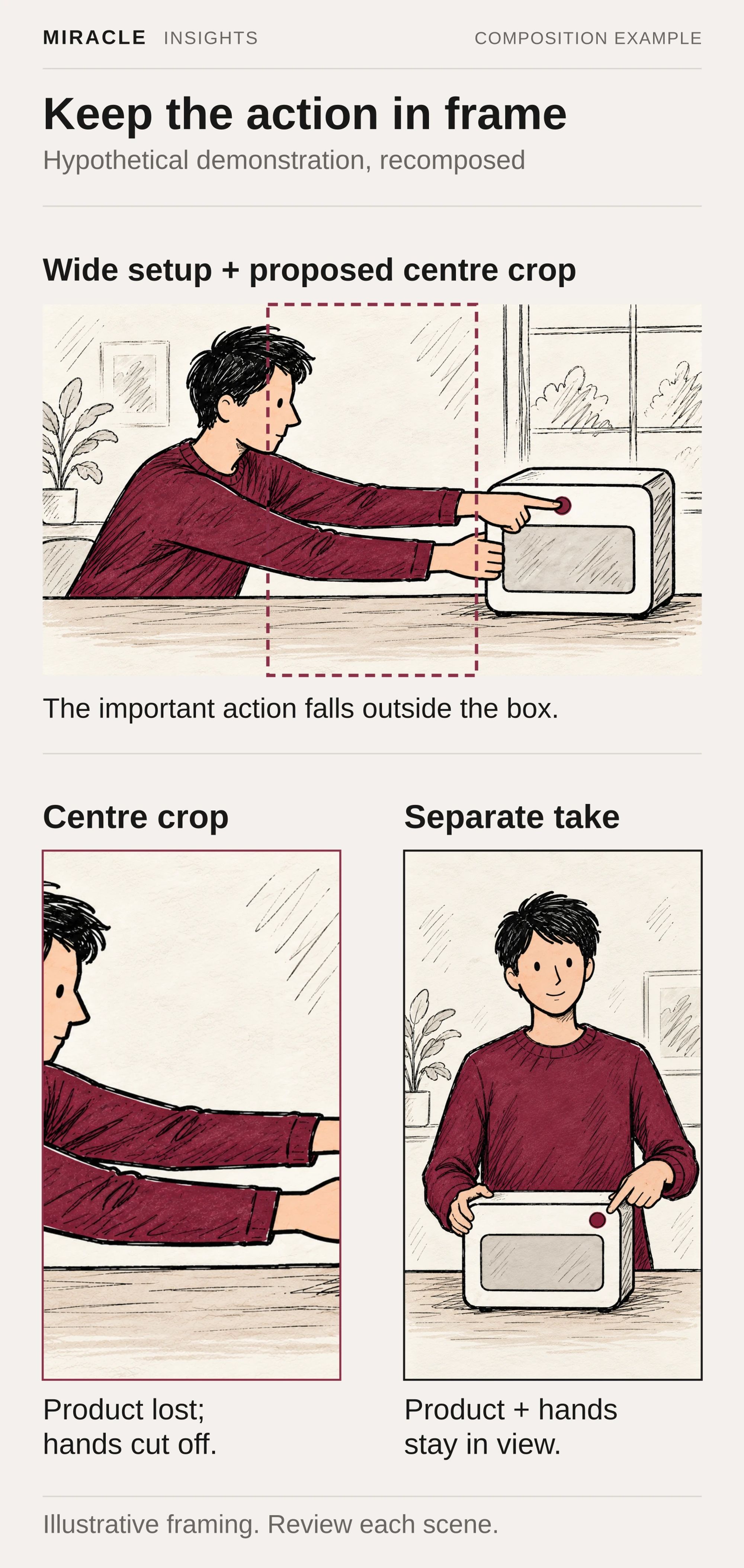 An original hypothetical product demonstration is composed across a wide frame, with the expert on the left and the product and hands on the right. A dashed centre-crop box misses the important action. Below, that centre crop loses the product and cuts off the hands, while a separately composed portrait take keeps the expert, product and both hands visible.