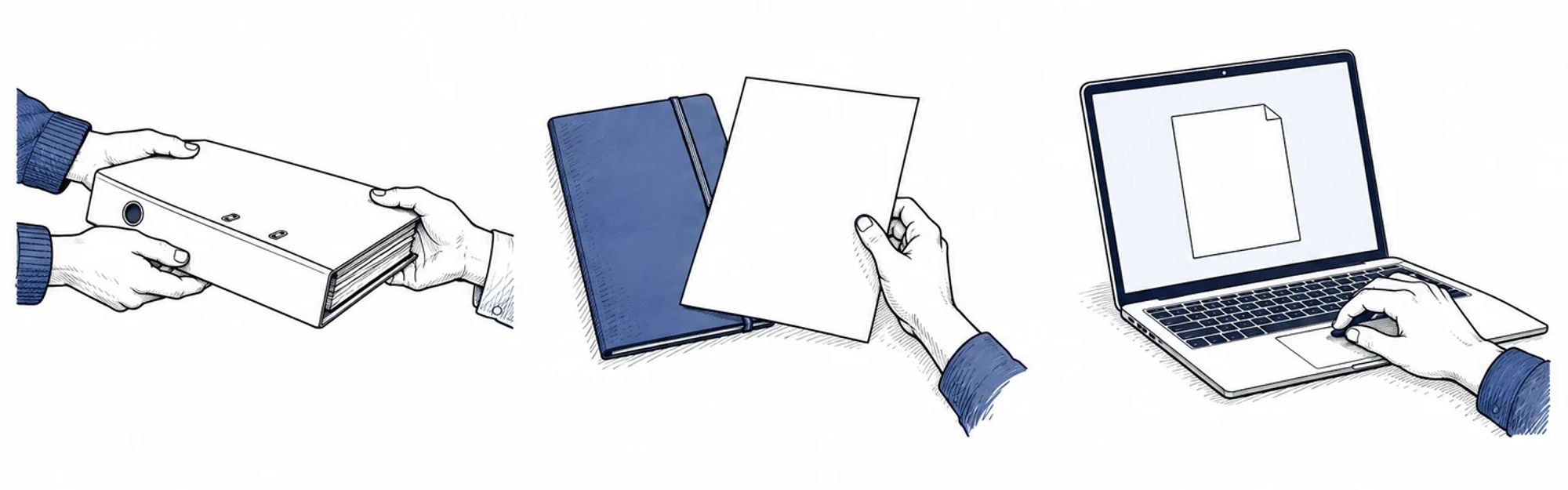 Three ink-line scenes showing a document handover, a file check and a public download.