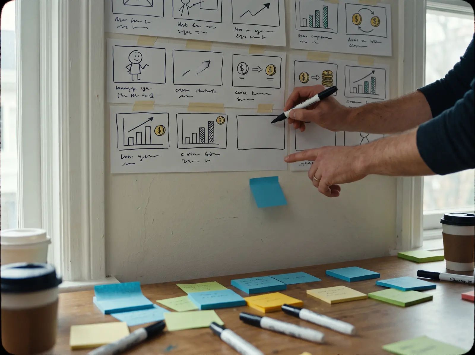 Storyboard panels for a financial explainer video pinned on a wall