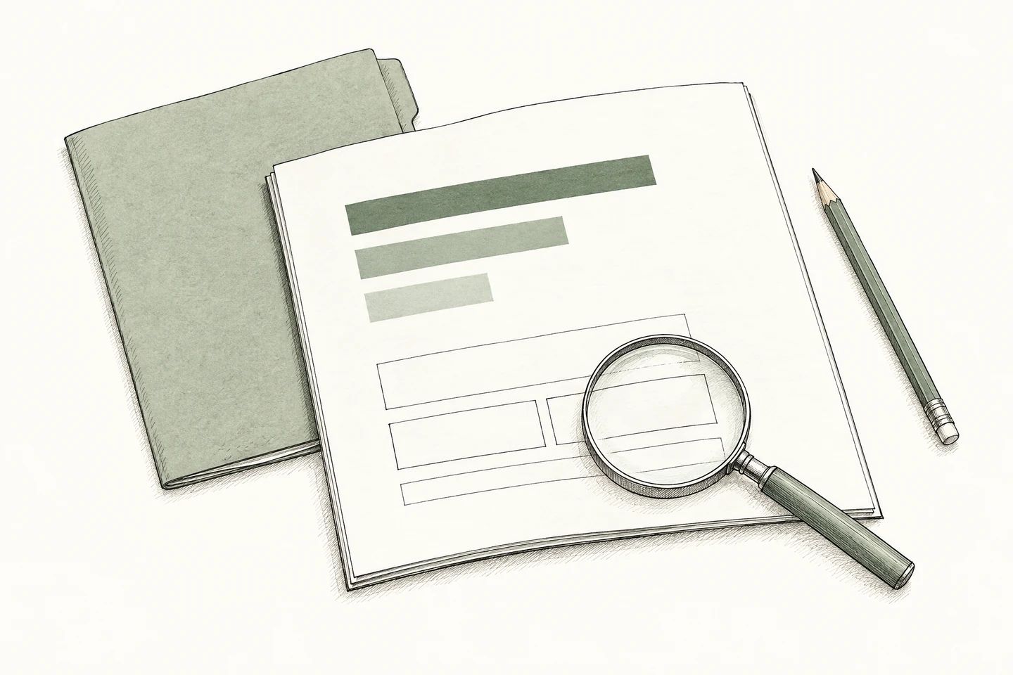 Ink drawing of a report, source folder and magnifying glass checking the supporting context.