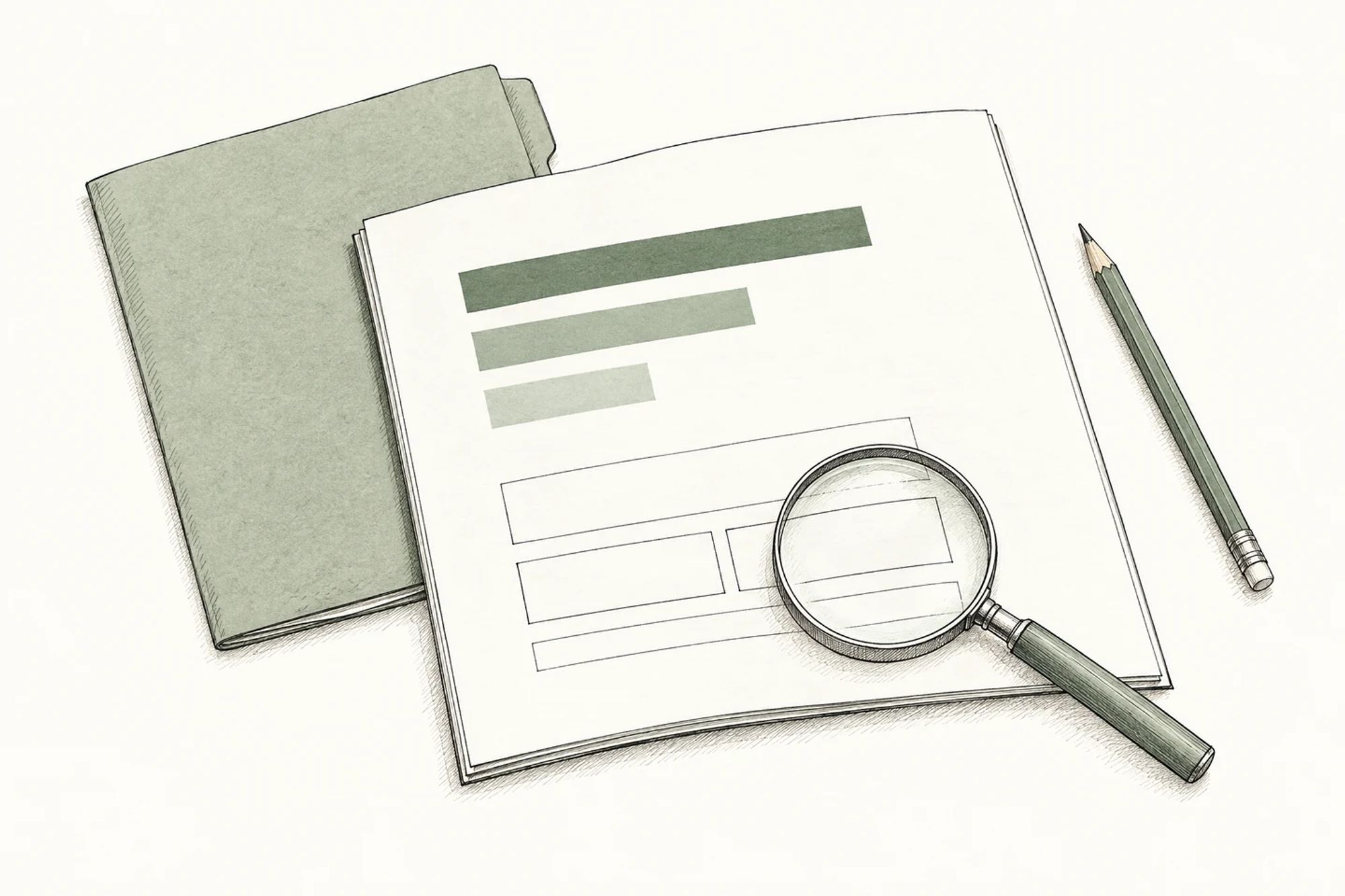 Ink drawing of a report, source folder and magnifying glass checking the supporting context.