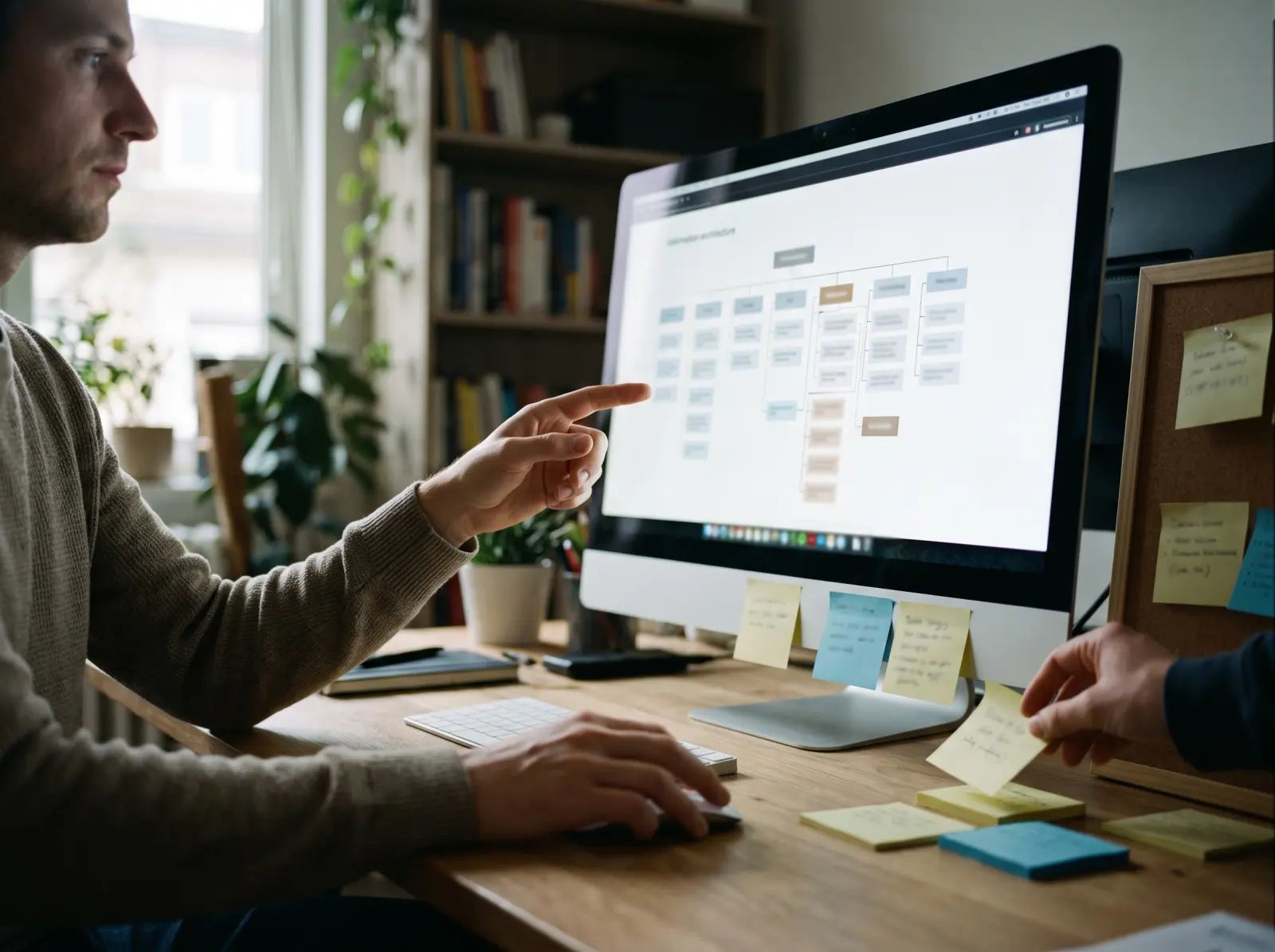 Web strategist reviewing a site structure diagram with FAQ cards