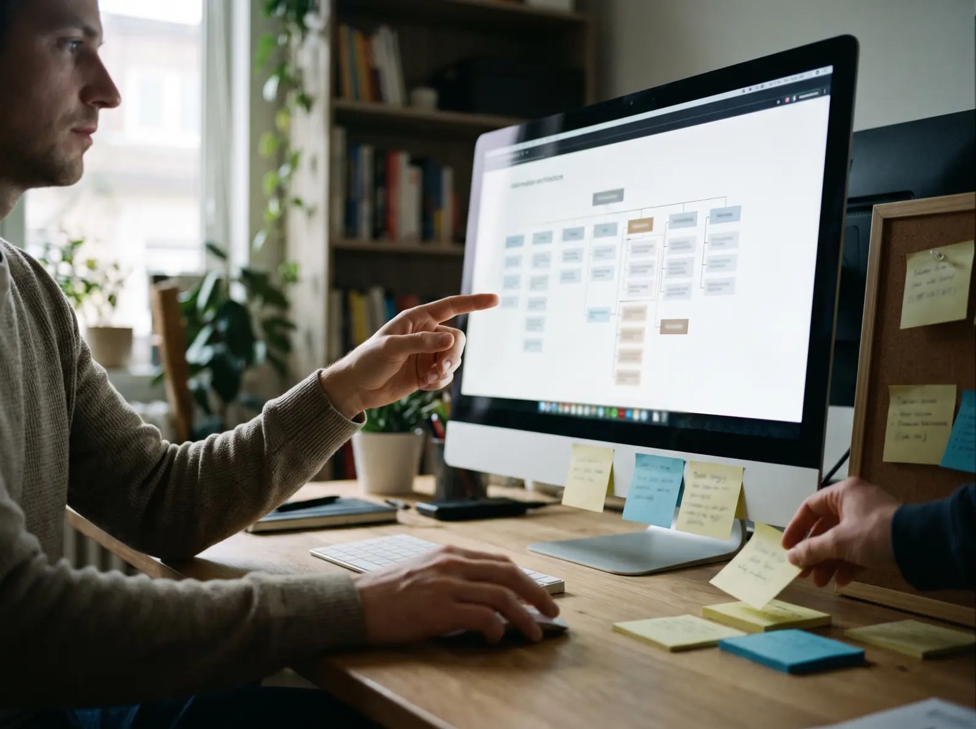 Web strategist reviewing a site structure diagram with FAQ cards